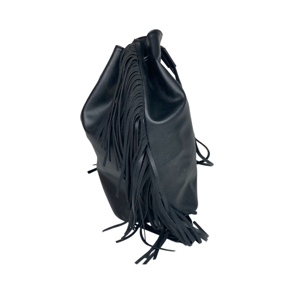 Victorias Secret Black Faux Leather Fringed Drawstring Backpack Purse Tote NWT main image 6